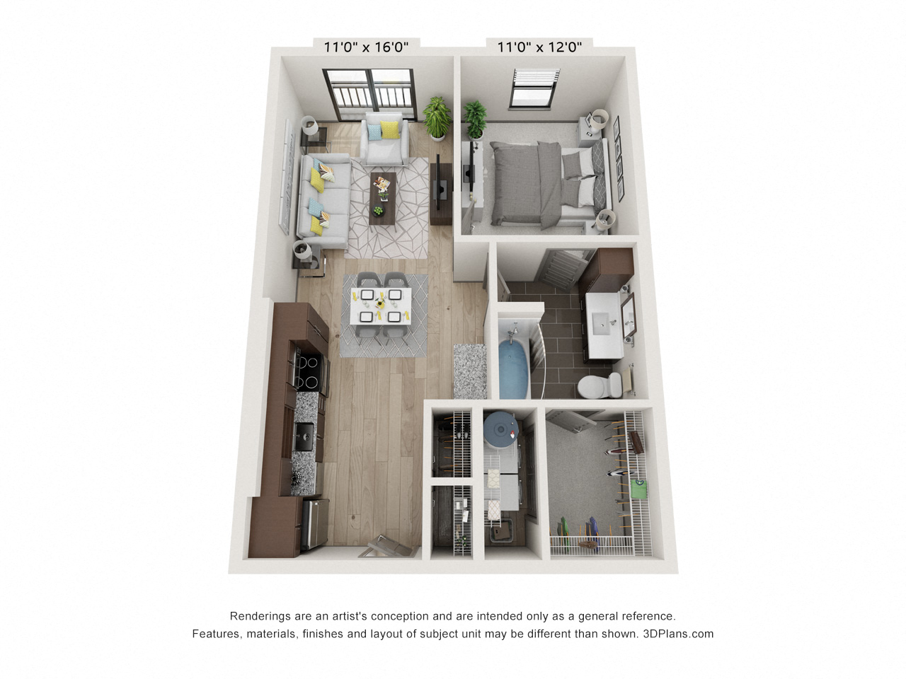 Floor plan for 1 bed, 1 bath, 683 sqft